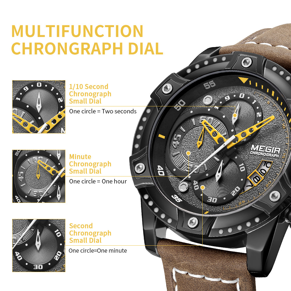 MEGIR Men Watches Luxury Brand Quartz Wristwatch Waterproof Leather Military Sport Watch Casual Clock Chronograph Reloj Hombre