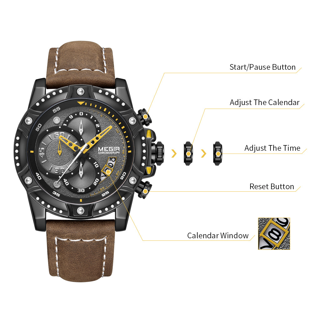 MEGIR Men Watches Luxury Brand Quartz Wristwatch Waterproof Leather Military Sport Watch Casual Clock Chronograph Reloj Hombre