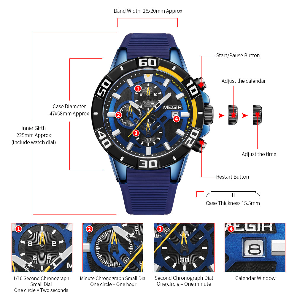 MEGIR Men Wristwatch Top Brand Luxury Silicone Strap Sport Watches Waterproof Luminous Quartz Clock Chronograph Reloj Hombre