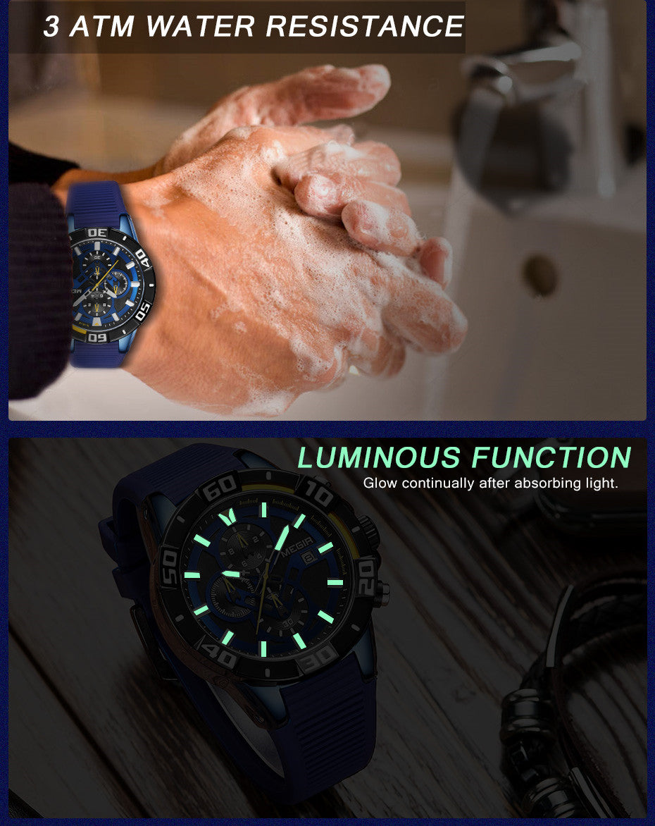 MEGIR Men Wristwatch Top Brand Luxury Silicone Strap Sport Watches Waterproof Luminous Quartz Clock Chronograph Reloj Hombre