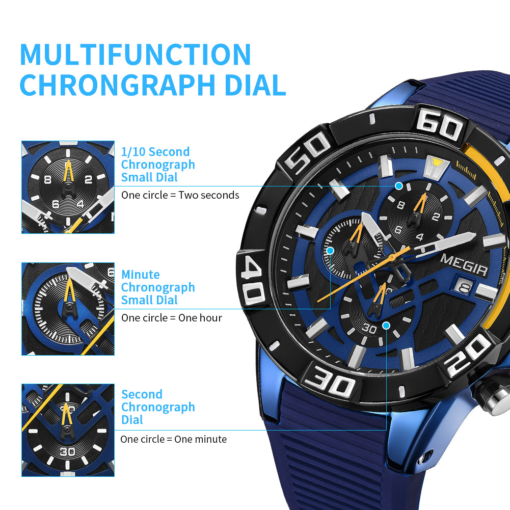 MEGIR Men Wristwatch Top Brand Luxury Silicone Strap Sport Watches Waterproof Luminous Quartz Clock Chronograph Reloj Hombre