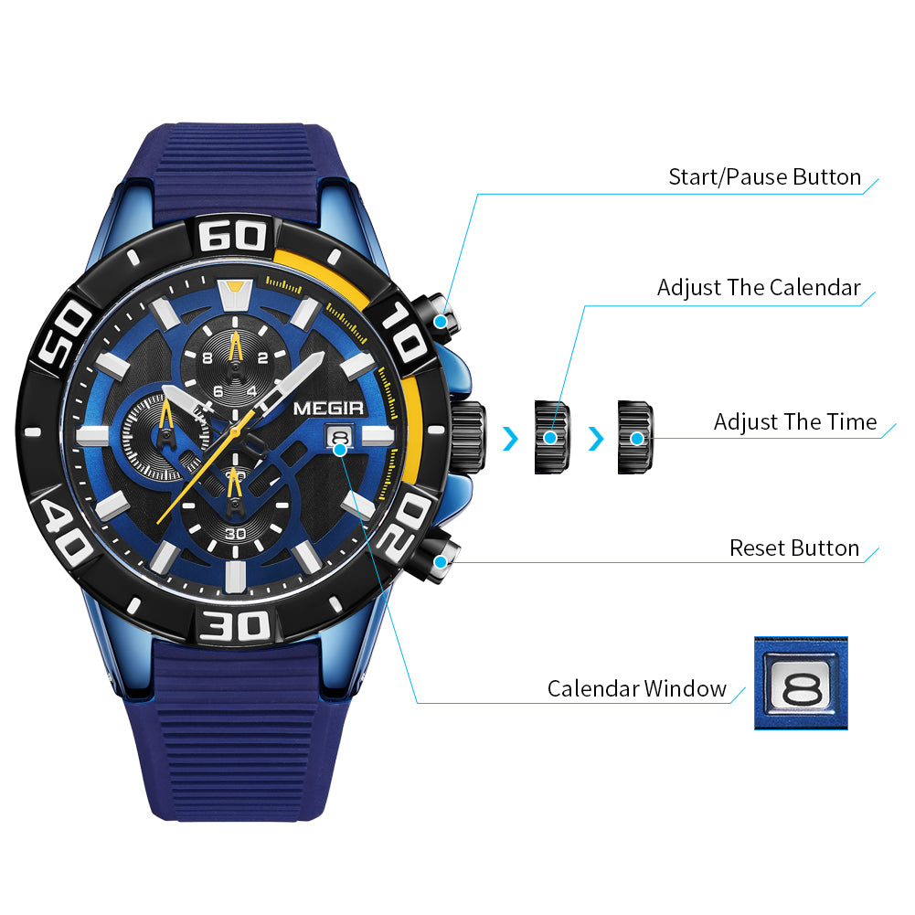 MEGIR Men Wristwatch Top Brand Luxury Silicone Strap Sport Watches Waterproof Luminous Quartz Clock Chronograph Reloj Hombre