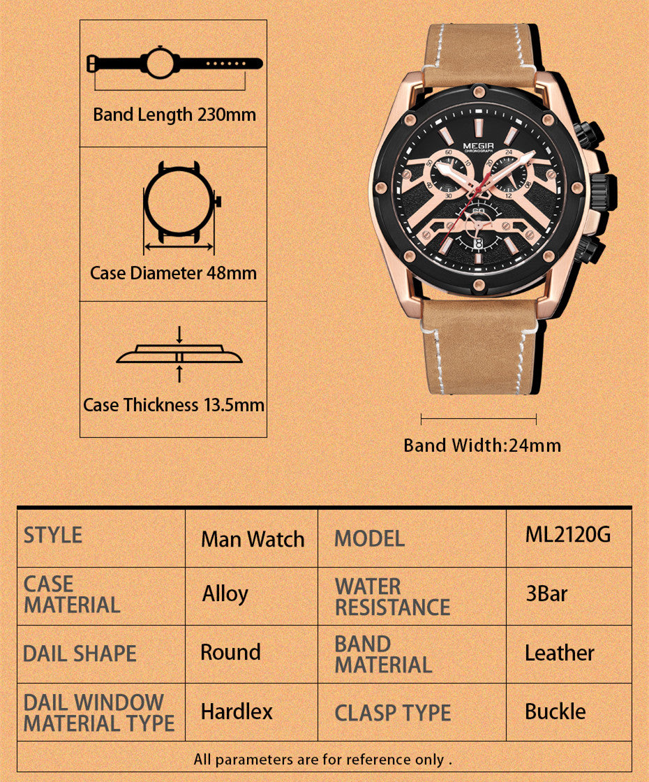 MEGIR Luxury Watch Men Military Sports Watches Leather Quartz Casual Chronograph Man WristWatch? Waterproof Date Clock 2120