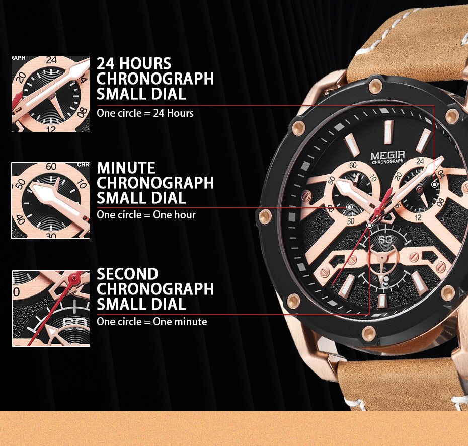 MEGIR Luxury Watch Men Military Sports Watches Leather Quartz Casual Chronograph Man WristWatch? Waterproof Date Clock 2120