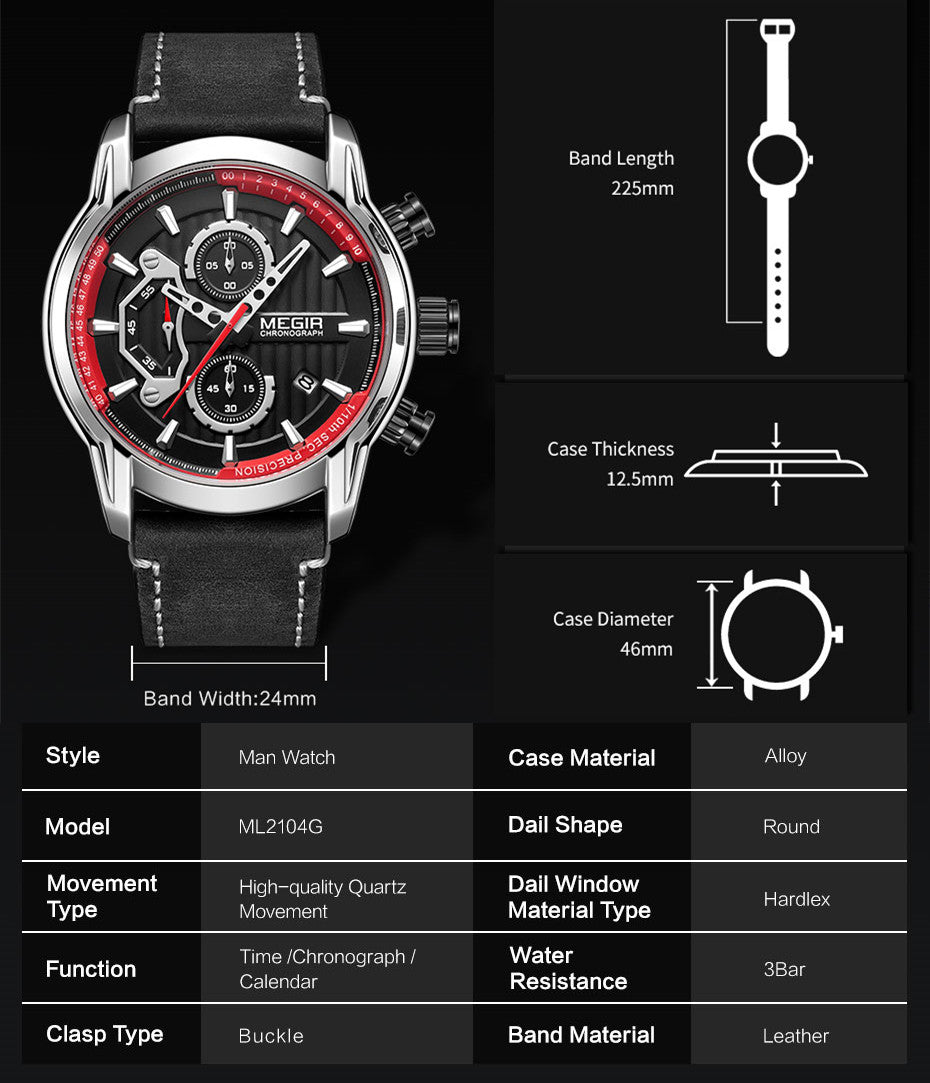 MEGIR Fashion Mens Watches Waterproof Luminous Sports Wrist Watch Man Leather Chronograph Quartz Wristwatch Reloj Hombre 2104