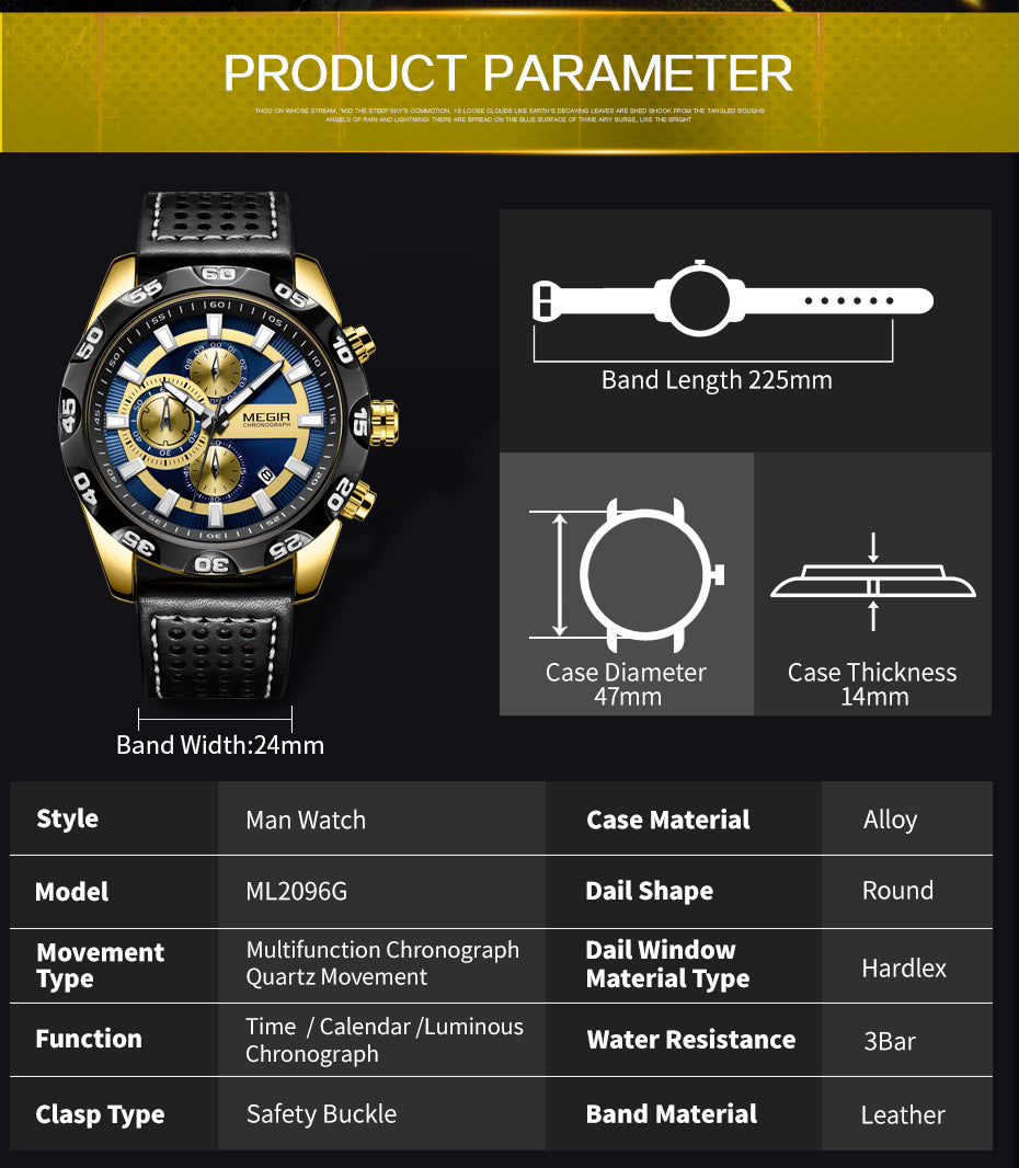 MEGIR Watches Mens Luxury Sports Military Watch Waterproof Luminous Quartz Wrist Watch Leather Casual Man Chronograph Clock