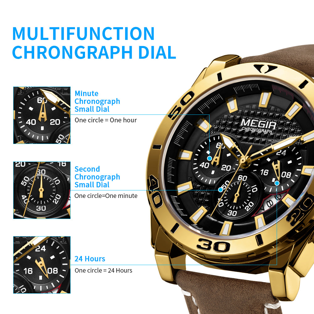MEGIR Men Watches Brand Luxury Sports Quartz Chronograph Men's Army Military Wristwatch Leather Strap Male Clock Reloj Hombre