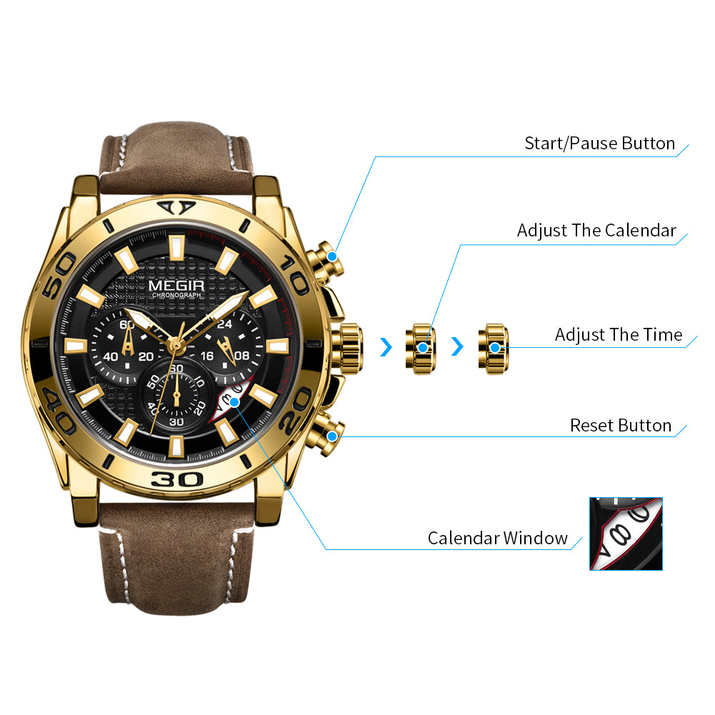 MEGIR Men Watches Brand Luxury Sports Quartz Chronograph Men's Army Military Wristwatch Leather Strap Male Clock Reloj Hombre