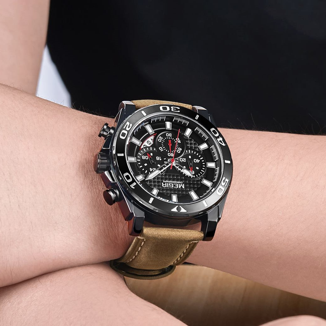 MEGIR Men Watches Brand Luxury Sports Quartz Chronograph Men's Army Military Wristwatch Leather Strap Male Clock Reloj Hombre