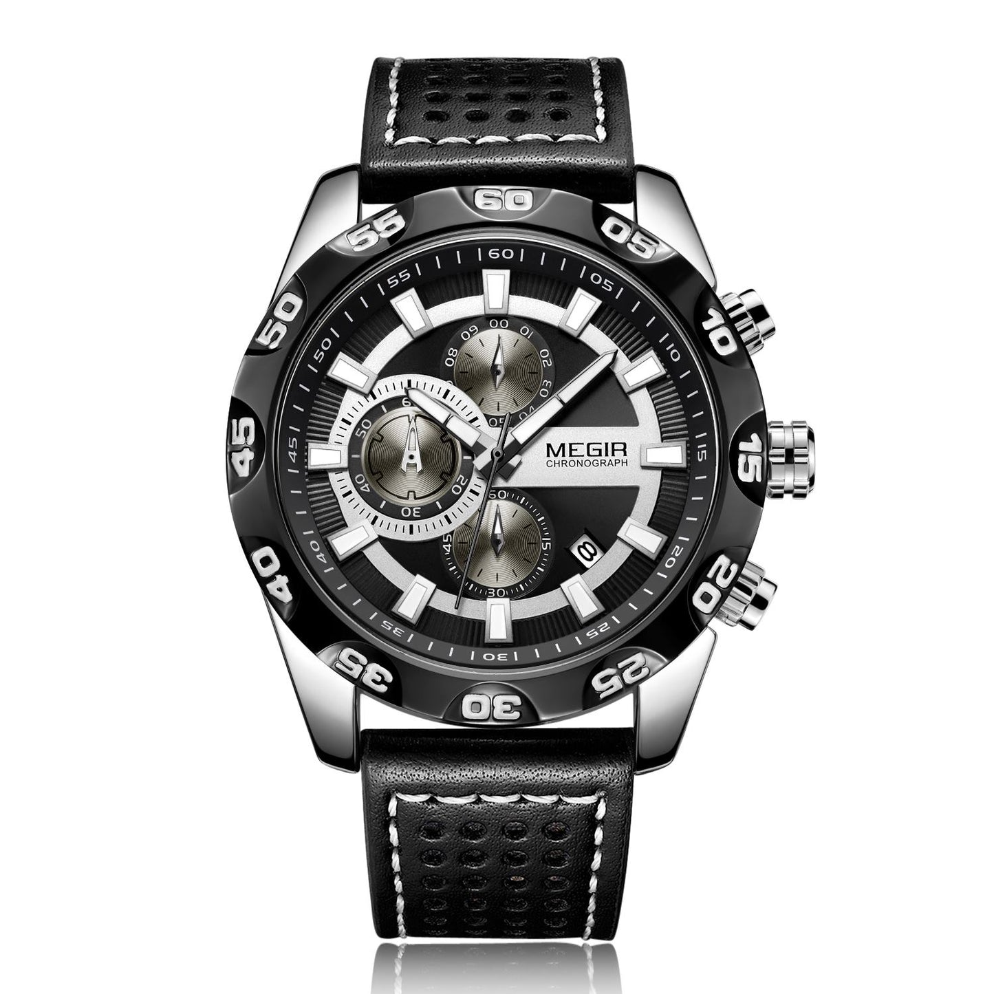 MEGIR Watches Mens Luxury Sports Military Watch Waterproof Luminous Quartz Wrist Watch Leather Casual Man Chronograph Clock