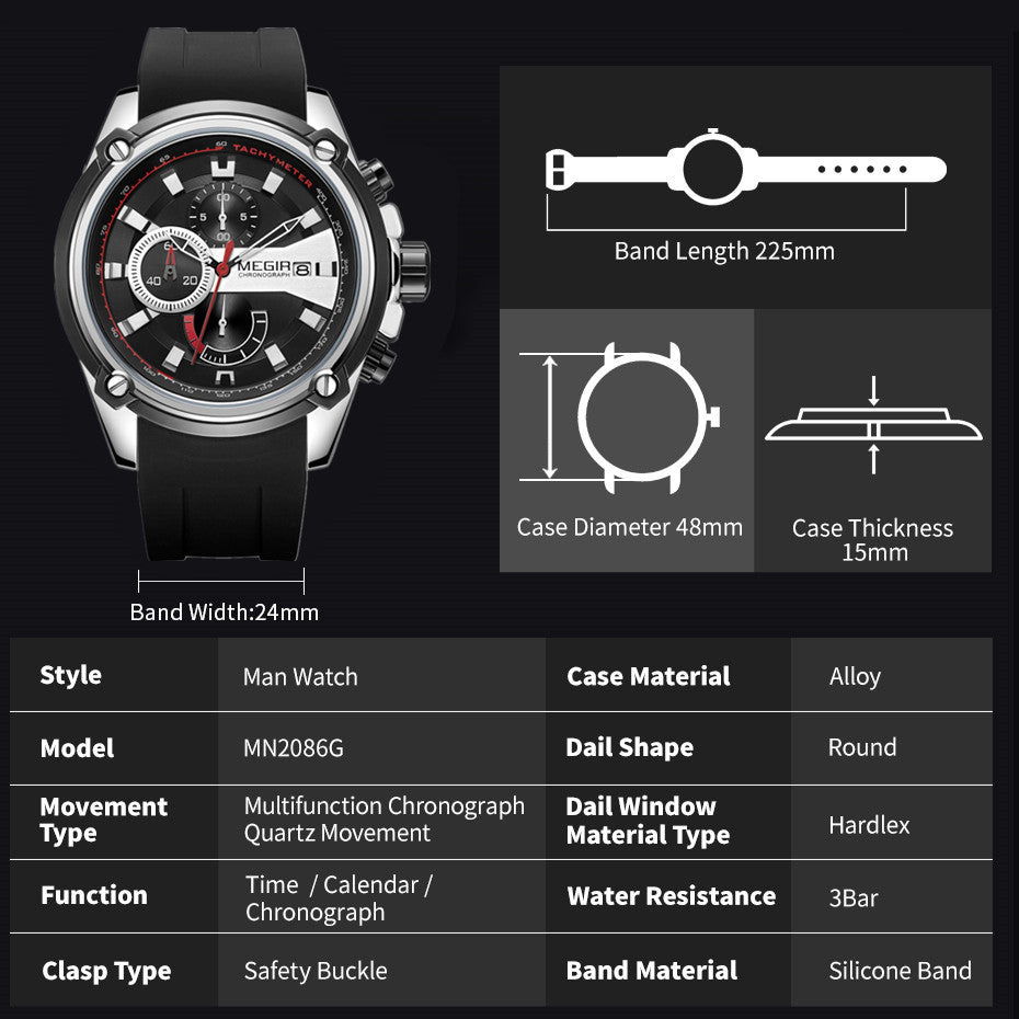 MEGIR Reloj Hombre Original Luxury Chronograph Men Sport Silicone Date Quartz Watches Waterproof Wristwatch Relogio Masculino