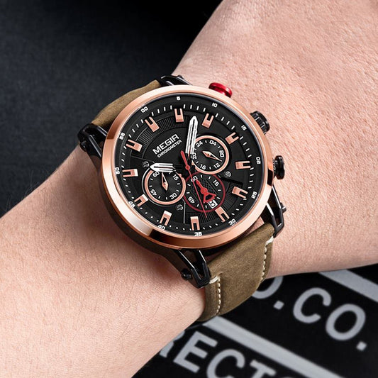 MEGIR Men Sports Watches Top Brand Luxury Leather Quartz Watch Men Clock Waterproof Army Military Wristwatches Relogio Masculino