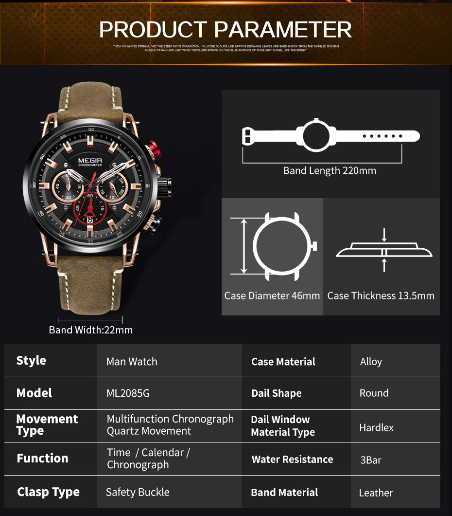 MEGIR Men Sports Watches Top Brand Luxury Leather Quartz Watch Men Clock Waterproof Army Military Wristwatches Relogio Masculino