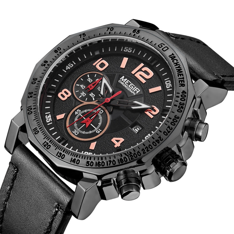 MEGIR Men's Sport Watch Large Dial Quartz Luminous Wristwatch Date Clock Fashion Relogio Masculino Leather Chronograph for Men