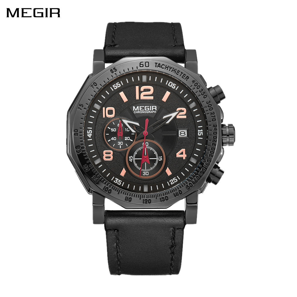 MEGIR Men's Sport Watch Large Dial Quartz Luminous Wristwatch Date Clock Fashion Relogio Masculino Leather Chronograph for Men
