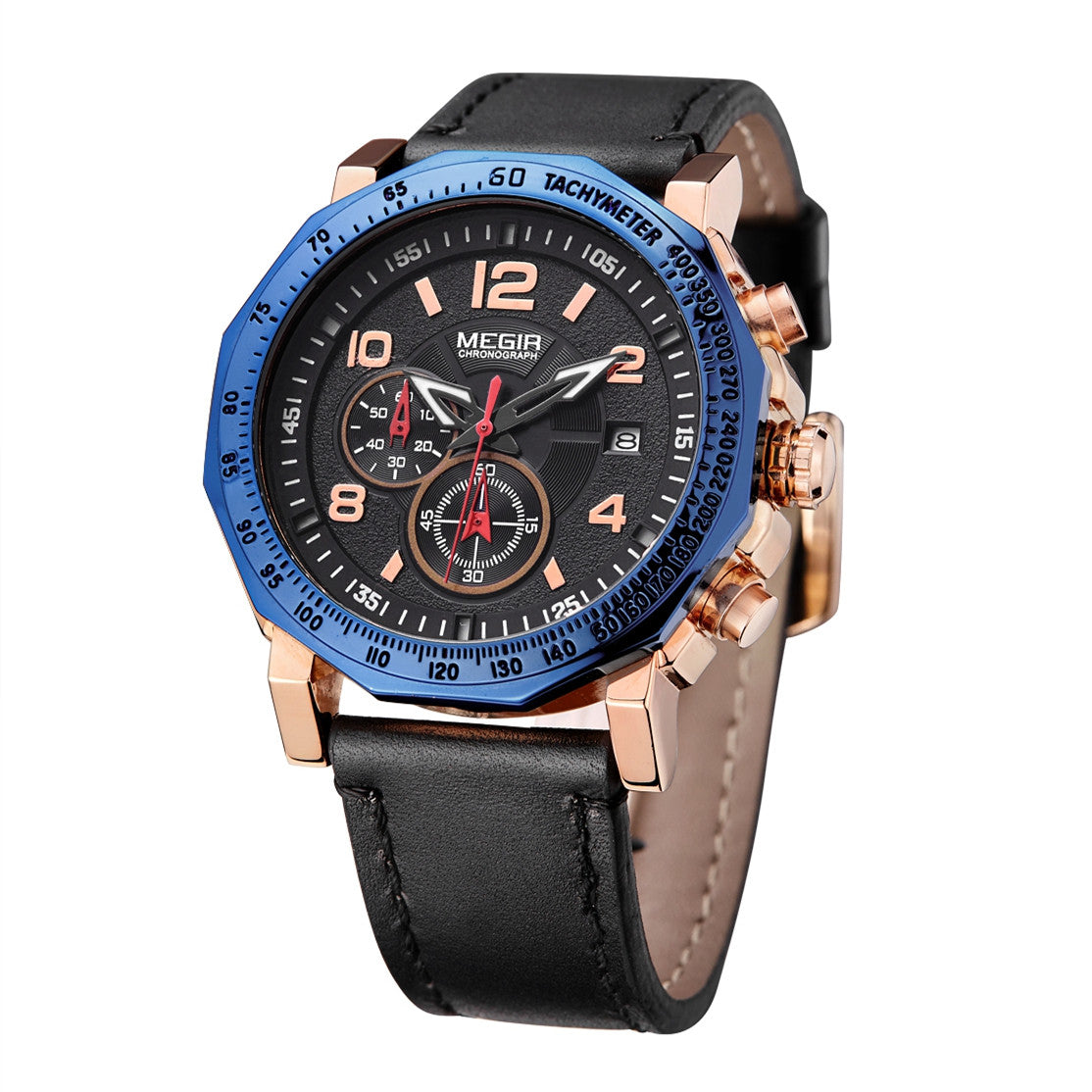 MEGIR Men's Sport Watch Large Dial Quartz Luminous Wristwatch Date Clock Fashion Relogio Masculino Leather Chronograph for Men