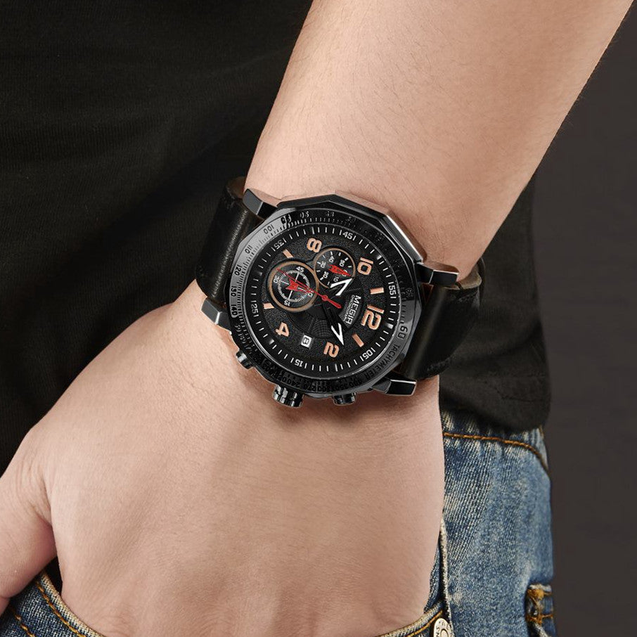 MEGIR Men's Sport Watch Large Dial Quartz Luminous Wristwatch Date Clock Fashion Relogio Masculino Leather Chronograph for Men