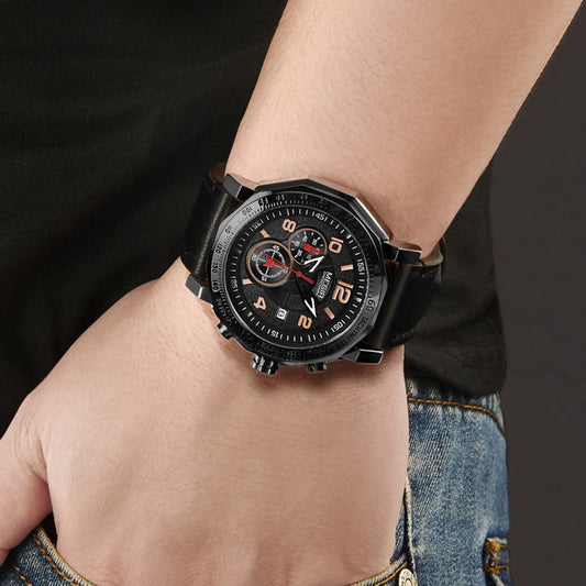 MEGIR Men's Sport Watch Large Dial Quartz Luminous Wristwatch Date Clock Fashion Relogio Masculino Leather Chronograph for Men