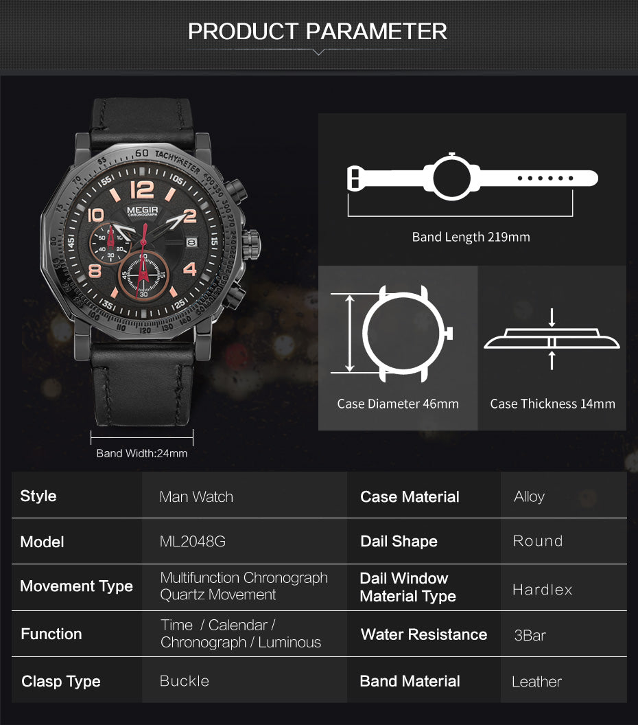 MEGIR Men's Sport Watch Large Dial Quartz Luminous Wristwatch Date Clock Fashion Relogio Masculino Leather Chronograph for Men