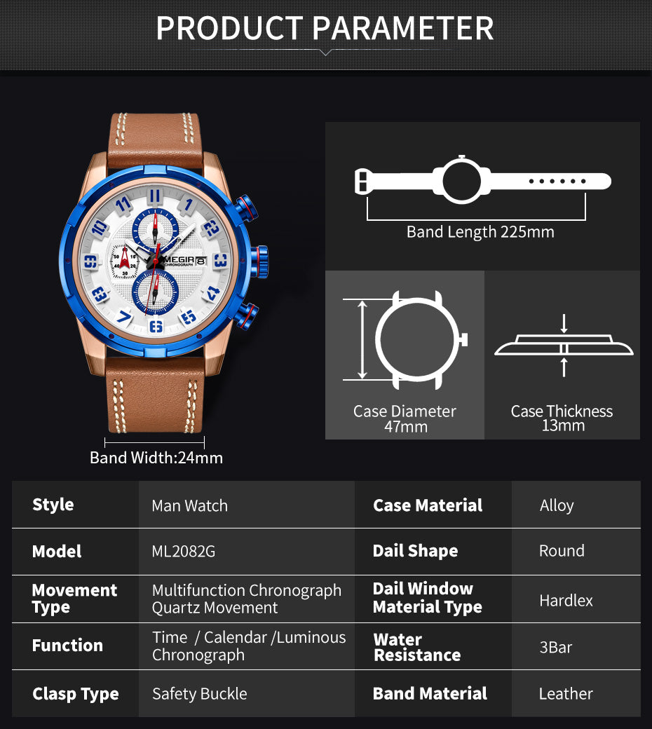 MEGIR Chronograph Sport Watch Men Clock Leather Quartz Men Wrist Watches Time Hour Army Military Wristwatches Relogio Masculino
