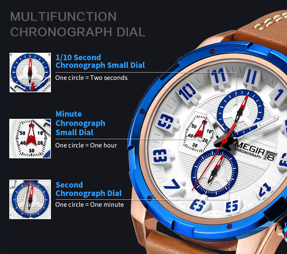 MEGIR Chronograph Sport Watch Men Clock Leather Quartz Men Wrist Watches Time Hour Army Military Wristwatches Relogio Masculino