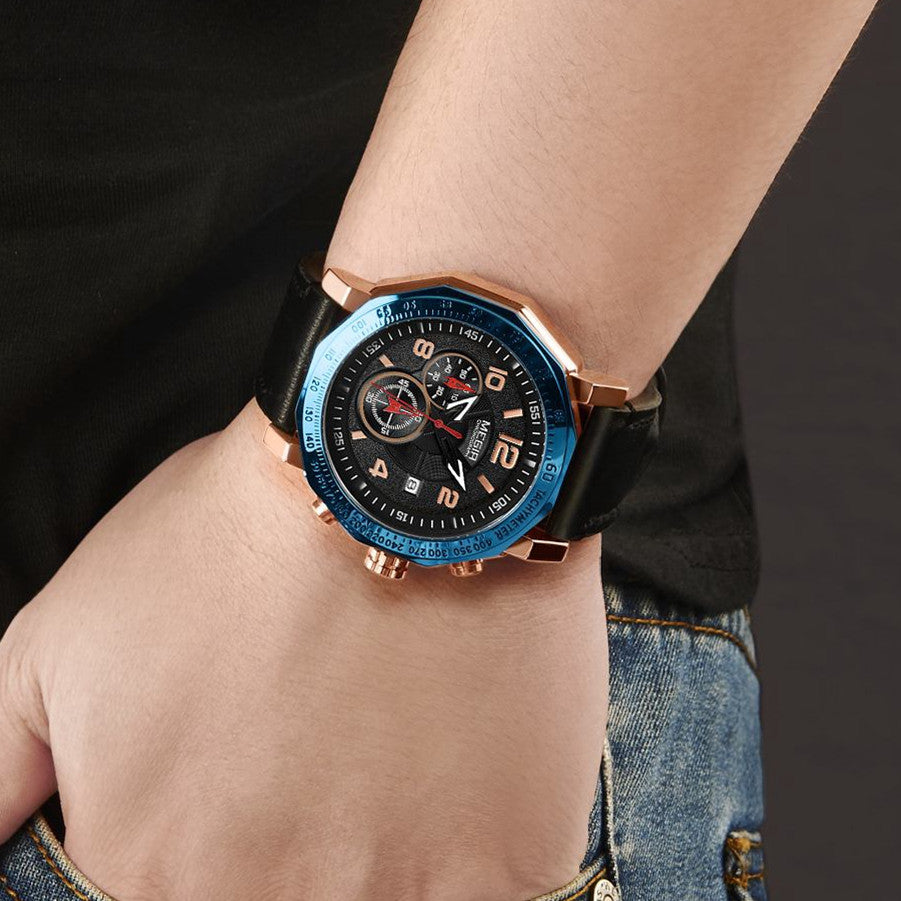 MEGIR Men's Sport Watch Large Dial Quartz Luminous Wristwatch Date Clock Fashion Relogio Masculino Leather Chronograph for Men
