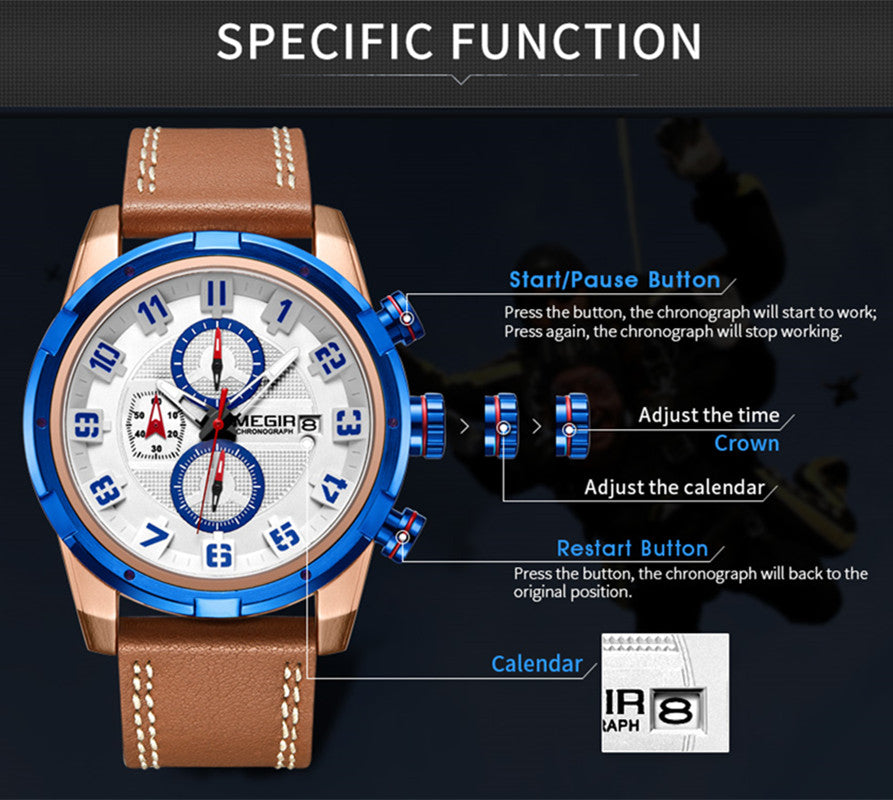 MEGIR Chronograph Sport Watch Men Clock Leather Quartz Men Wrist Watches Time Hour Army Military Wristwatches Relogio Masculino