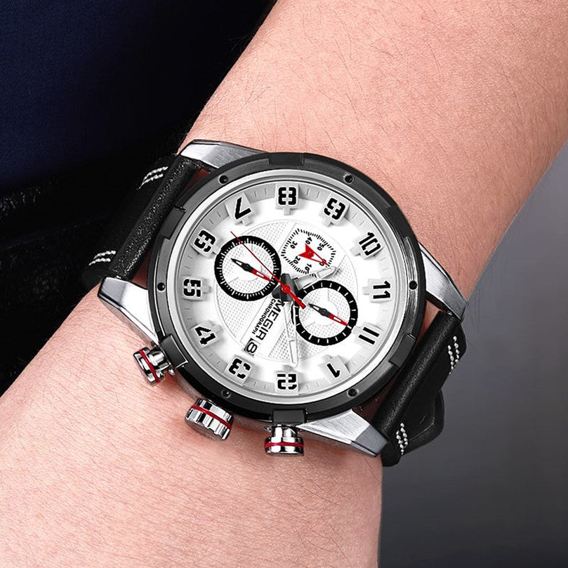 MEGIR Chronograph Sport Watch Men Clock Leather Quartz Men Wrist Watches Time Hour Army Military Wristwatches Relogio Masculino