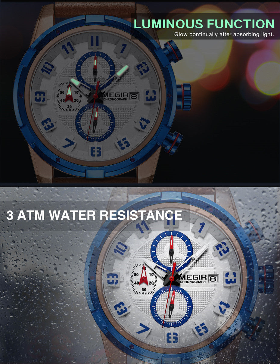 MEGIR Chronograph Sport Watch Men Clock Leather Quartz Men Wrist Watches Time Hour Army Military Wristwatches Relogio Masculino