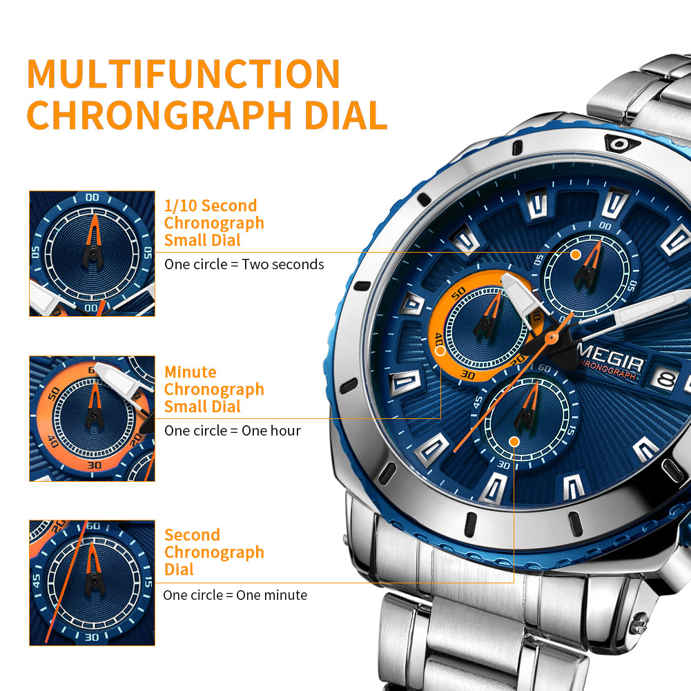 MEGIR Chronograph Quartz Men Watch Luxury Brand Stainless Steel Business Wrist Watches Male Clock Hour Time Relogio Masculino
