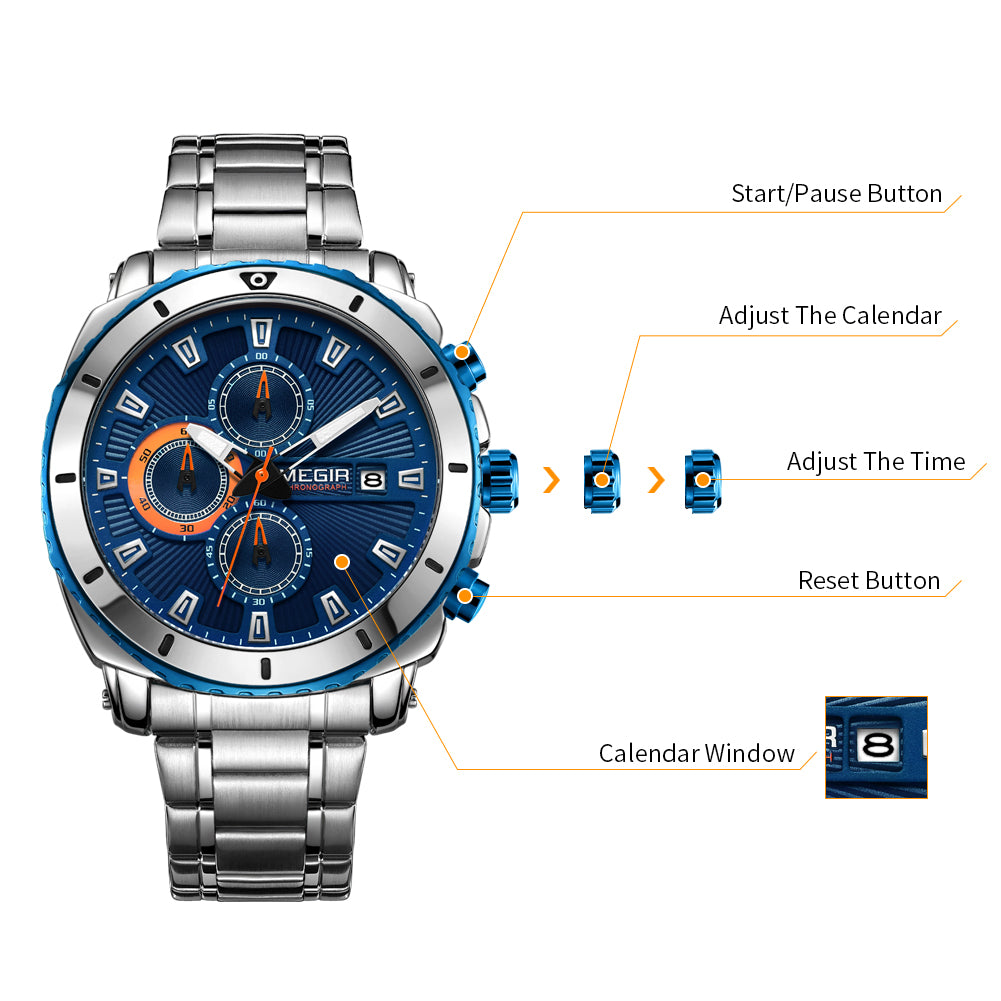 MEGIR Chronograph Quartz Men Watch Luxury Brand Stainless Steel Business Wrist Watches Male Clock Hour Time Relogio Masculino