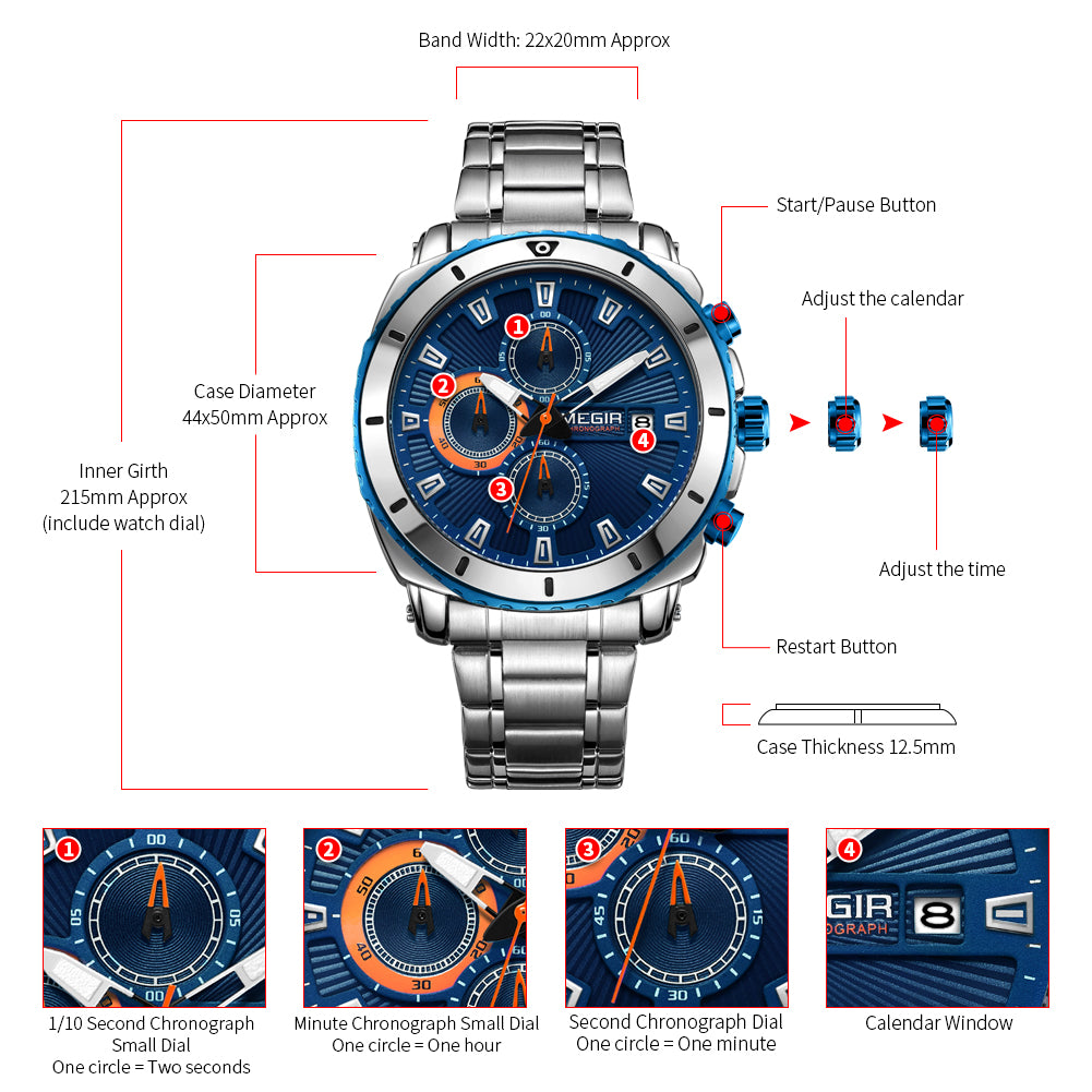MEGIR Chronograph Quartz Men Watch Luxury Brand Stainless Steel Business Wrist Watches Male Clock Hour Time Relogio Masculino