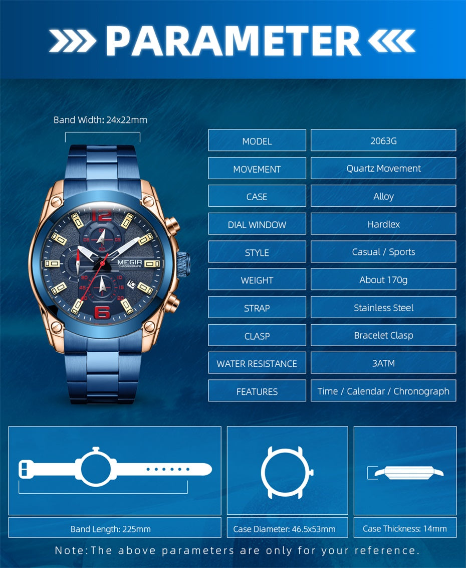 MEGIR Original Luxury Men Chronograph Stainless Steel Wristwatch Waterproof Luminous Quartz Watch Clock Calendar Reloj Hombre