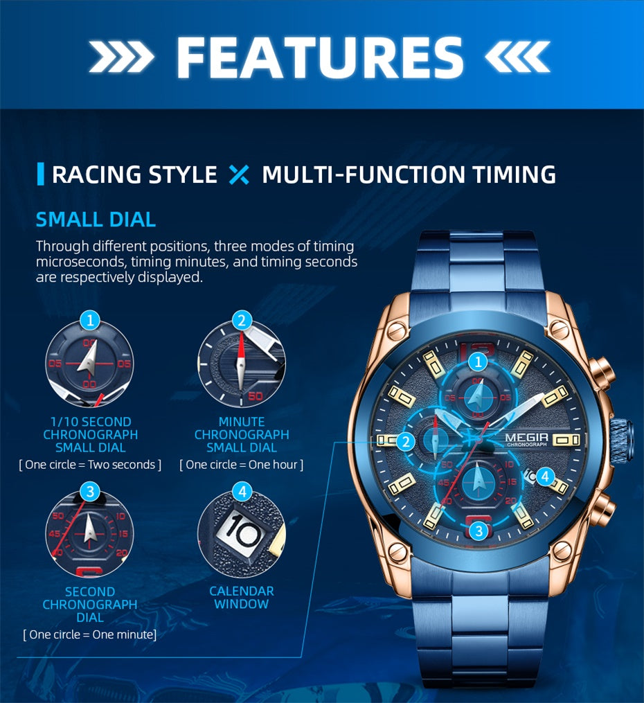 MEGIR Original Luxury Men Chronograph Stainless Steel Wristwatch Waterproof Luminous Quartz Watch Clock Calendar Reloj Hombre