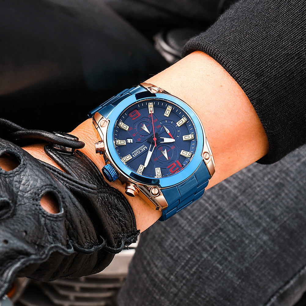 MEGIR Original Luxury Men Chronograph Stainless Steel Wristwatch Waterproof Luminous Quartz Watch Clock Calendar Reloj Hombre