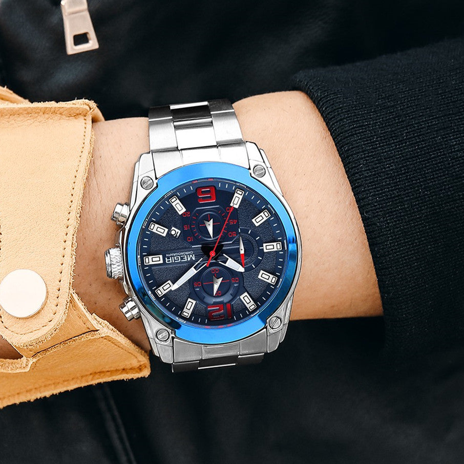 MEGIR Original Luxury Men Chronograph Stainless Steel Wristwatch Waterproof Luminous Quartz Watch Clock Calendar Reloj Hombre