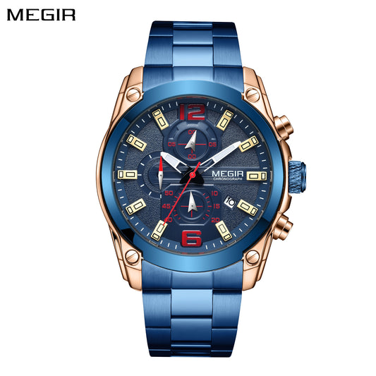 MEGIR Original Luxury Men Chronograph Stainless Steel Wristwatch Waterproof Luminous Quartz Watch Clock Calendar Reloj Hombre