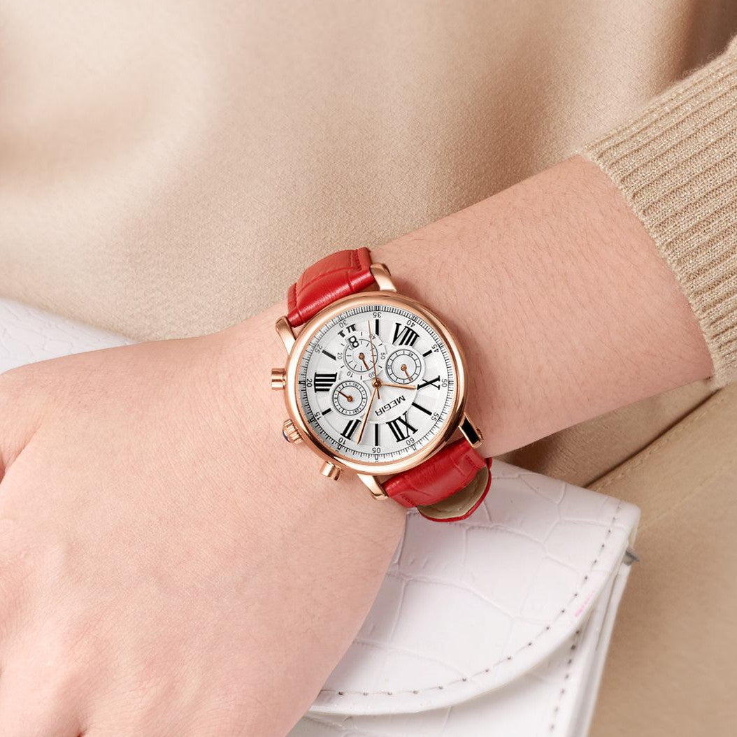 MEGIR Top Brand Quartz Watch for Women Leather Strap Ladies Casual Sport Wristwatch Luxury Waterproof Watches Clock 2058