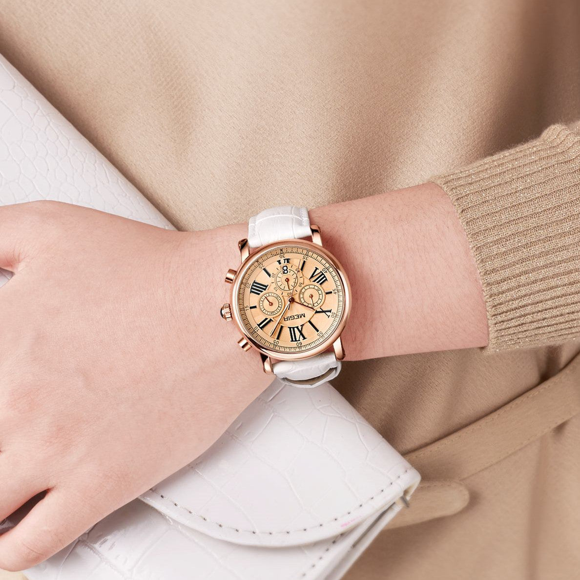 MEGIR Top Brand Quartz Watch for Women Leather Strap Ladies Casual Sport Wristwatch Luxury Waterproof Watches Clock 2058