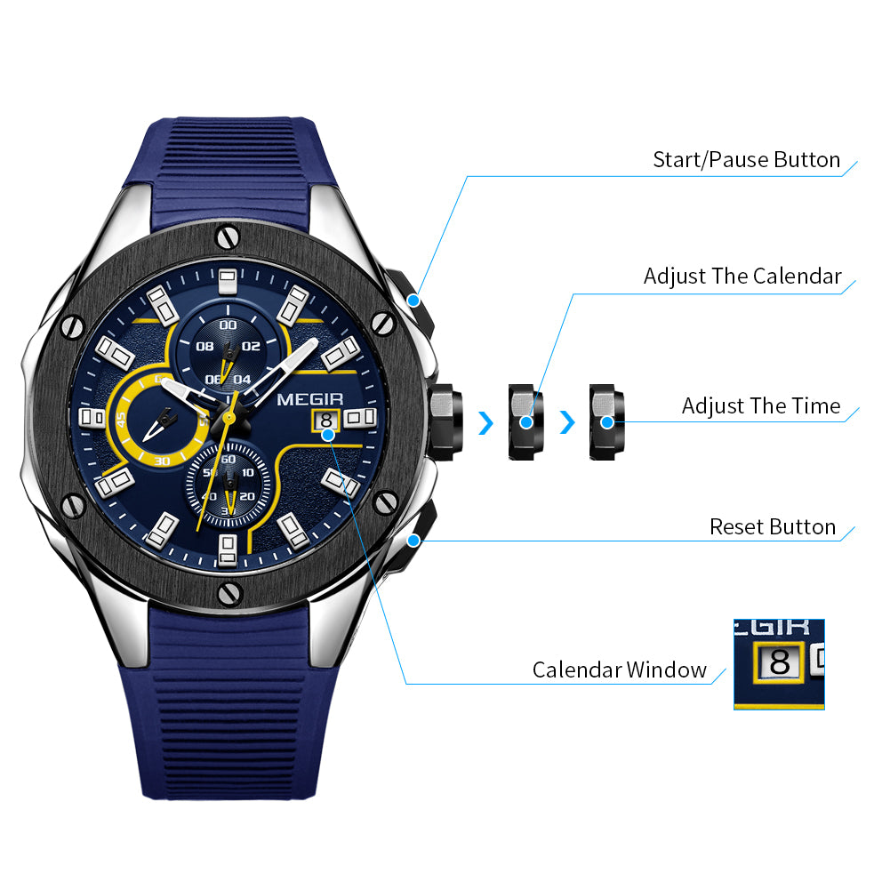 MEGIR Men Sport Military Watch Luxury Luminous Chronograph Quartz Watches Clock Calendar Waterproof Wristwatch Relogio Masculino