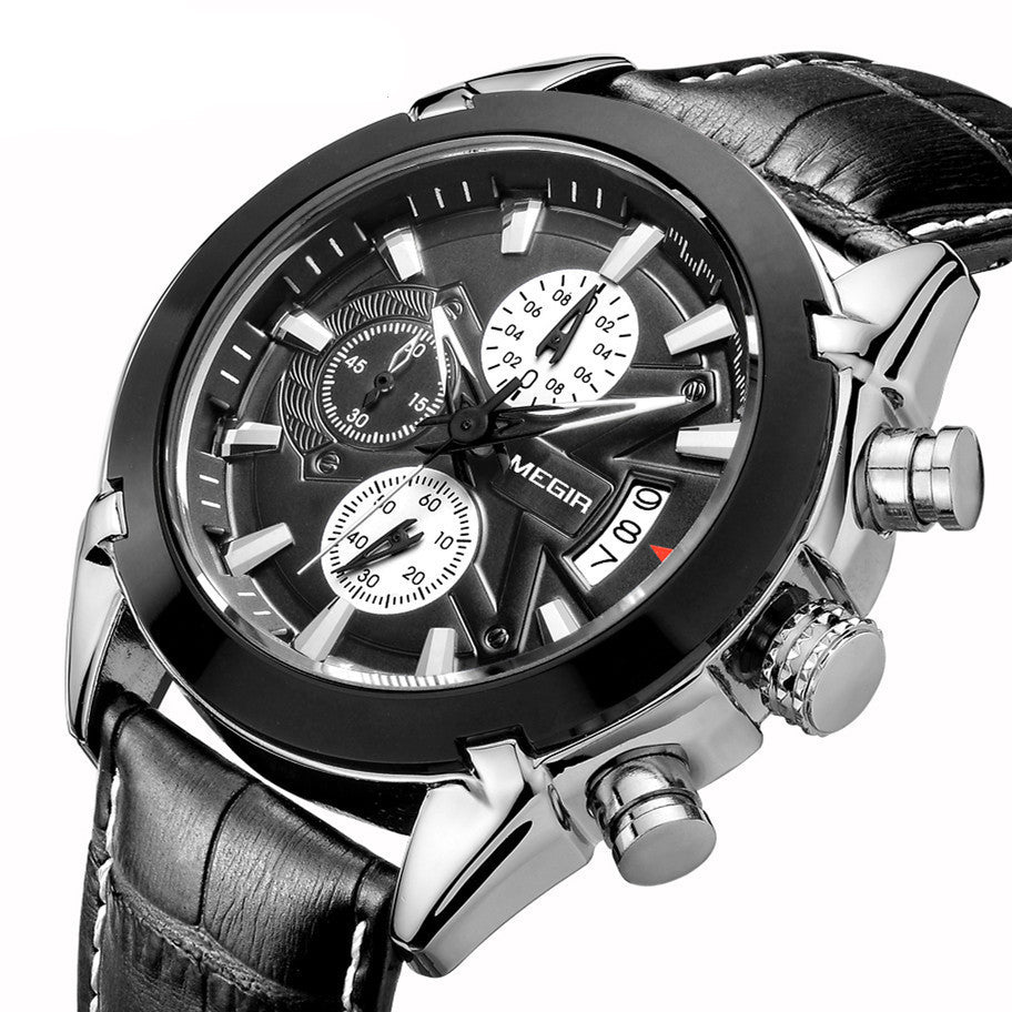 MEGIR Men Watches Original Fashion Leather Quartz Wristwatch Top Brand Military Chronograph Big Dial Sports Clock Reloj Hombre