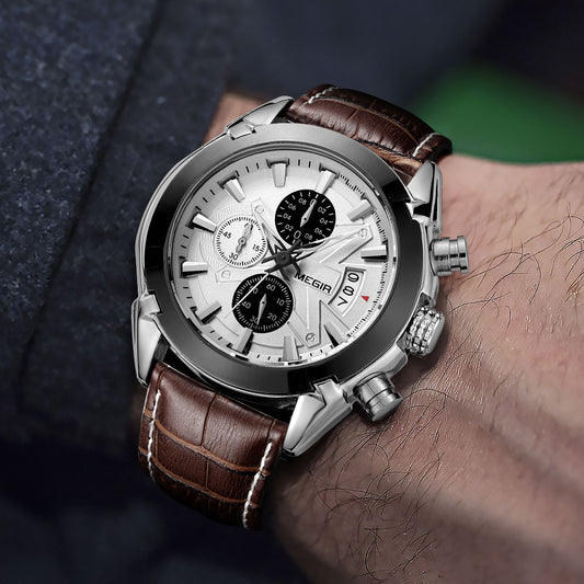 MEGIR Men Watches Original Fashion Leather Quartz Wristwatch Top Brand Military Chronograph Big Dial Sports Clock Reloj Hombre