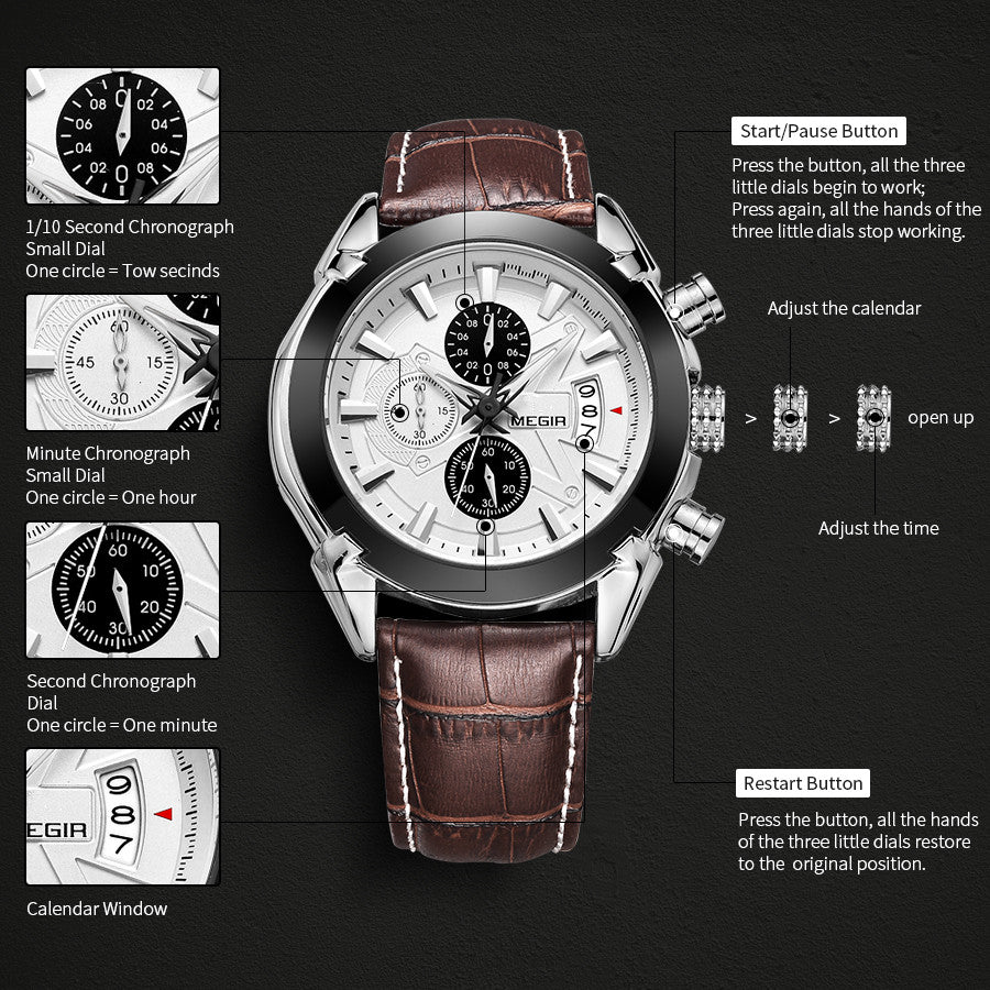 MEGIR Men Watches Original Fashion Leather Quartz Wristwatch Top Brand Military Chronograph Big Dial Sports Clock Reloj Hombre