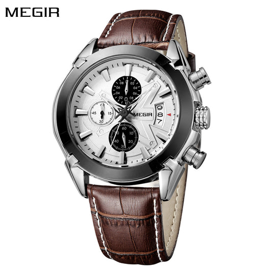 MEGIR Men Watches Original Fashion Leather Quartz Wristwatch Top Brand Military Chronograph Big Dial Sports Clock Reloj Hombre