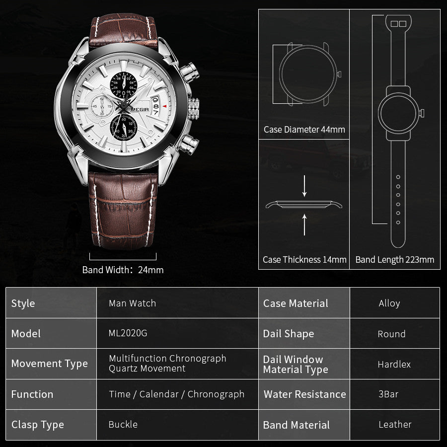 MEGIR Men Watches Original Fashion Leather Quartz Wristwatch Top Brand Military Chronograph Big Dial Sports Clock Reloj Hombre