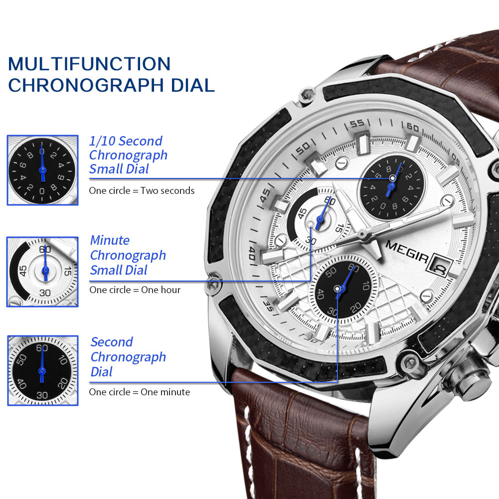 MEGIR Fashion Luxury Sport Watches Luxury Brand Waterproof Leather Chronograph Quartz Military Wristwatch Clock for Men 2015