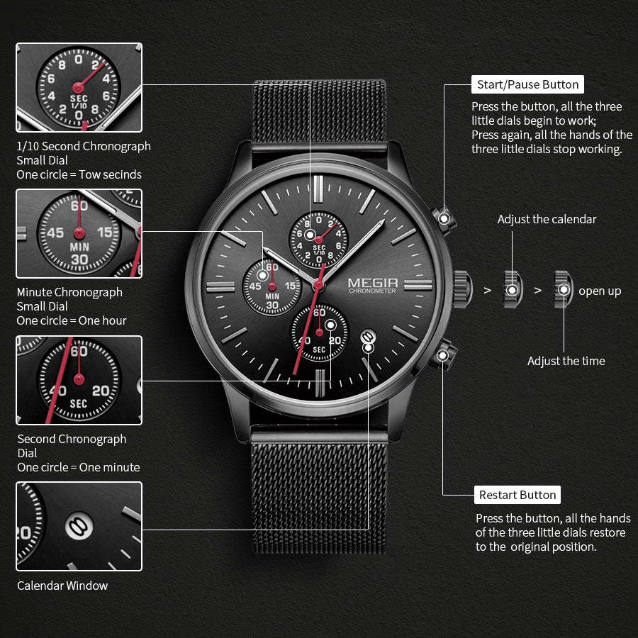 MEGIR Men's Quartz Watch Top Brand Luxury Wristwatch Waterproof Business Clock Date Wrist Watch Chronograph reloj hombre 2011