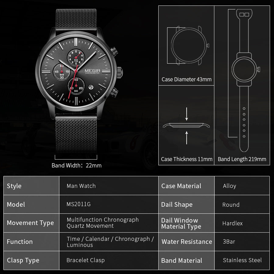 MEGIR Men's Quartz Watch Top Brand Luxury Wristwatch Waterproof Business Clock Date Wrist Watch Chronograph reloj hombre 2011