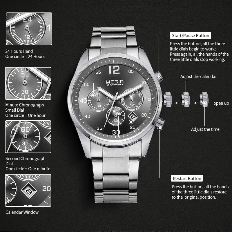 MEGIR Fashion Men Watches Luxury Stainless Steel Business Wristwatch Waterproof Date Quartz Man Clock Relogio Masculino