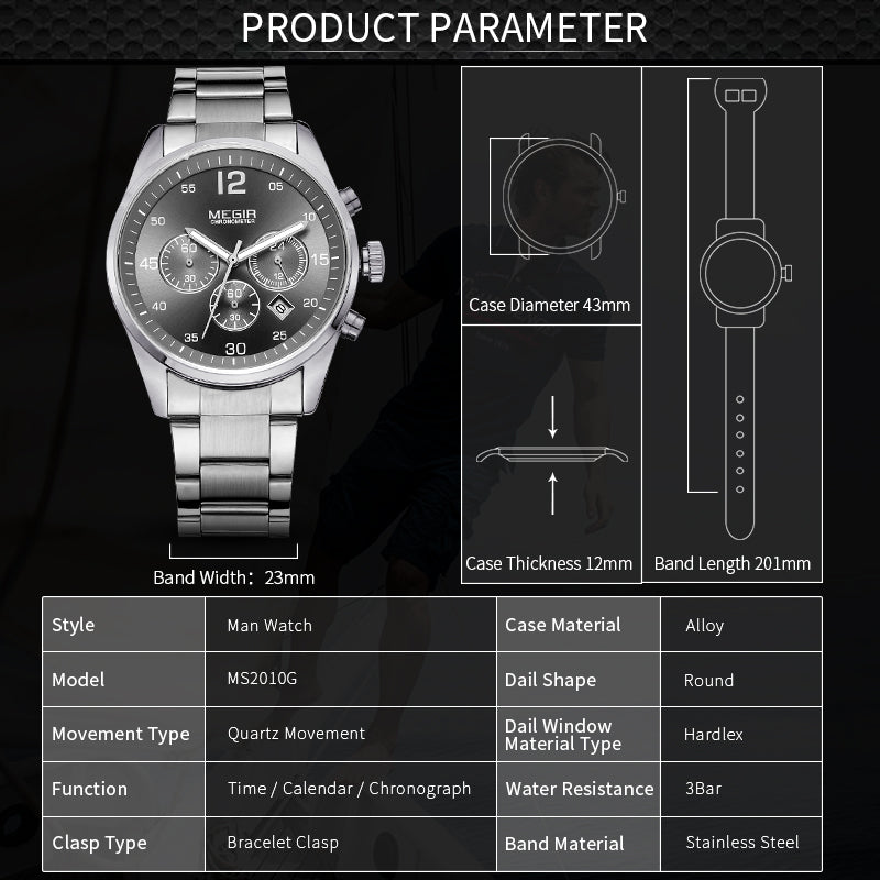 MEGIR Fashion Men Watches Luxury Stainless Steel Business Wristwatch Waterproof Date Quartz Man Clock Relogio Masculino